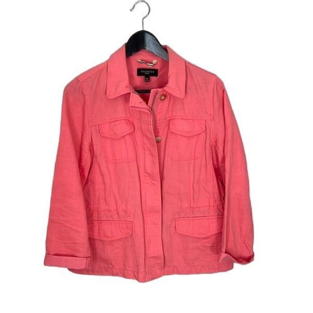 Talbots Womens Full Zip Blazer Jacket Linen Blend Lightweight Pink Medium Petite